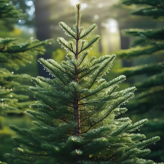 Nordic Spruce fragrance oil bottle styled with pine branches – perfect for festive candles, melts, and winter home scents