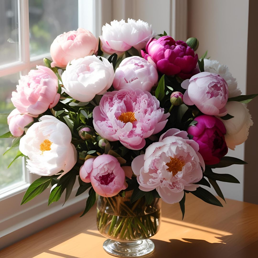 Peony & Blush fragrance oil bottle styled with fresh peony blooms – perfect for floral wax melts, candles, and luxury bath products
